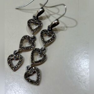 Vintage Silver and Marcasite Tri-Heart Dangle Earrings